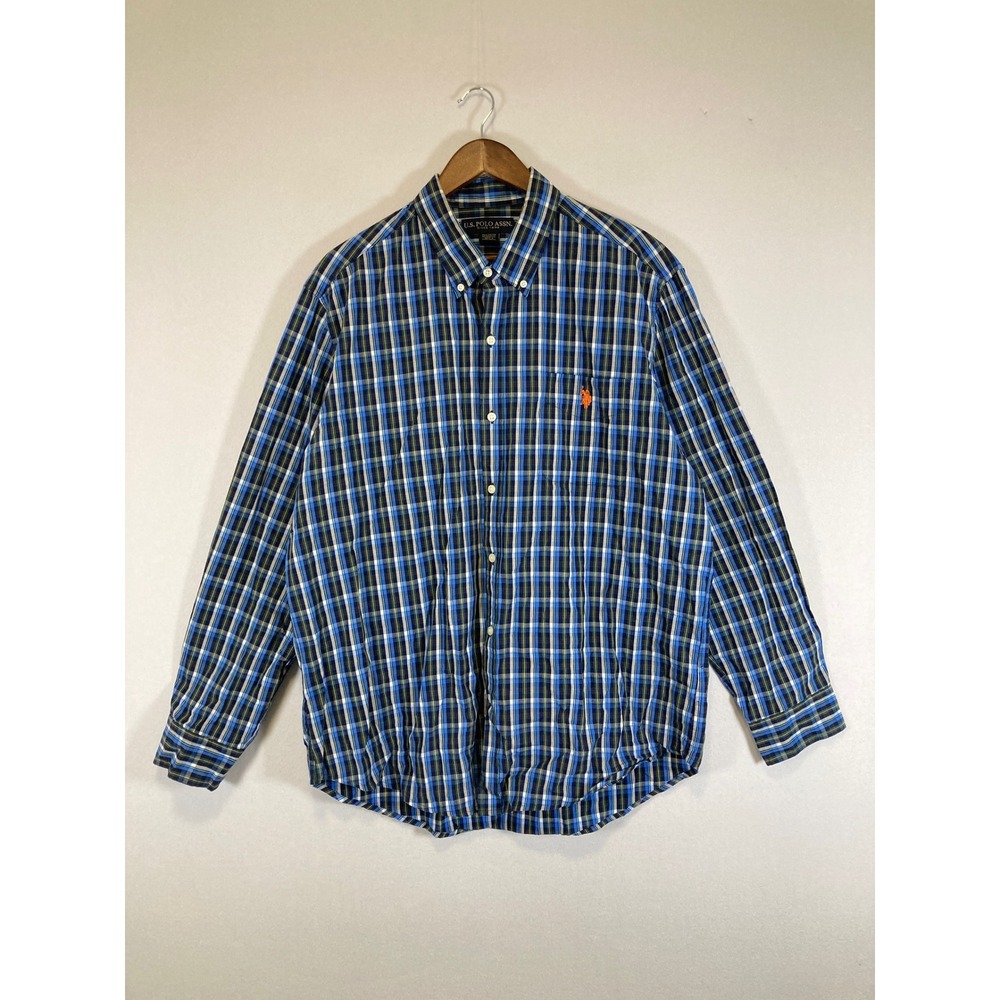Preppy U.S. Polo Assn. Mens XL Blue Green Plaid Cotton Button Down Shirt